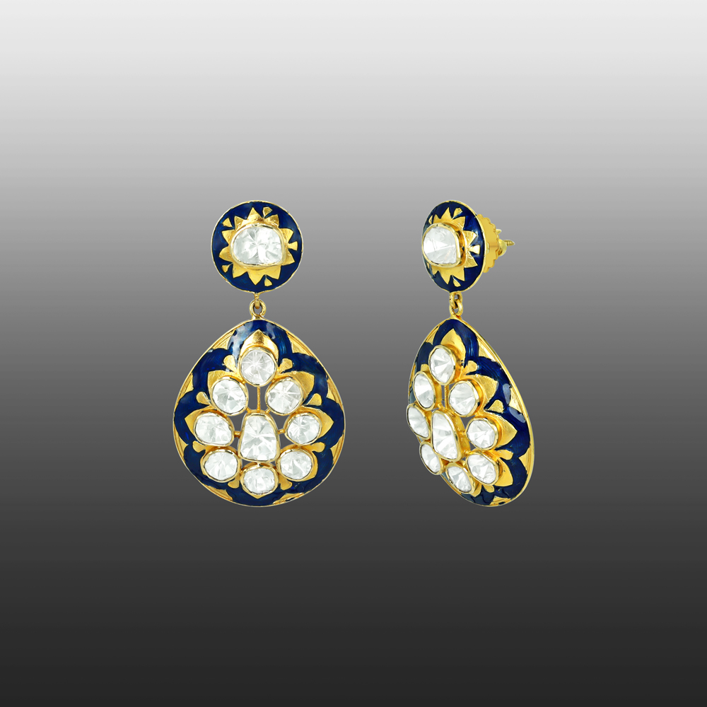 Navy Enamel Drop Earrings with Floral Polkis